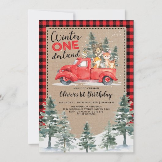 Invitation Hiver ONE derland Bois Animaux 1er anniversaire (Devant)