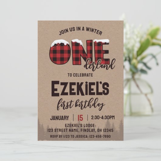 Invitation Hiver ONE derland Buffalo Plaid Anniversaire fête (Debout devant)