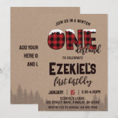 Invitation Hiver ONE derland Buffalo Plaid Anniversaire fête (Devant / Derrière)