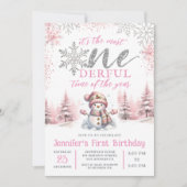 Invitation Hiver ONE derland Fille rose Noël 1er anniversaire (Devant)