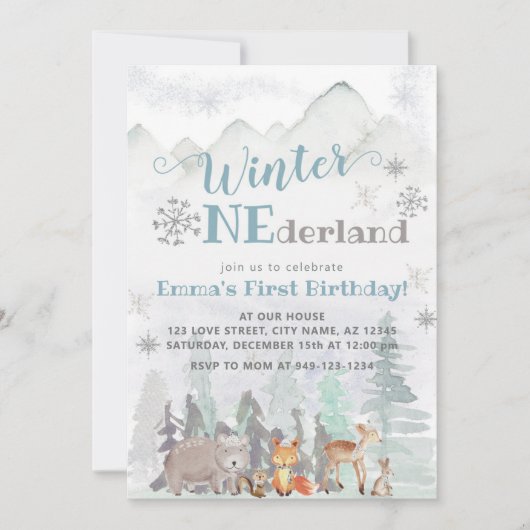 Invitation Hiver ONE derland Forêt forestière Animaux Anniver (Devant)