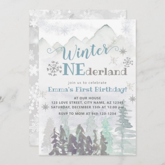 Invitation Hiver ONE derland Forêt forestière Anniversaire (Devant / Derrière)