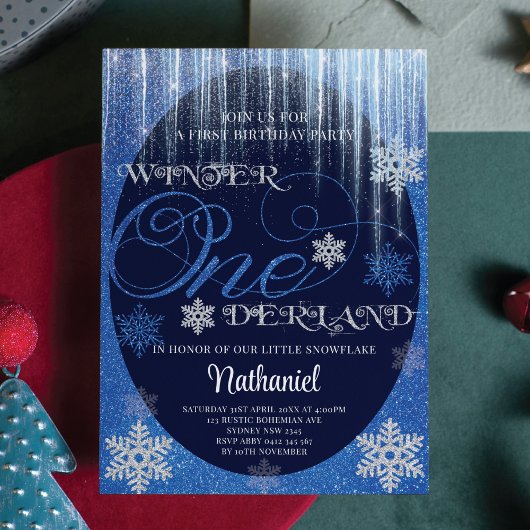 Invitation Hiver ONE derland Parties scintillant Bleu 1er ann