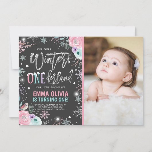 Invitation Hiver ONE derland Pink Silver 1er anniversaire (Devant)