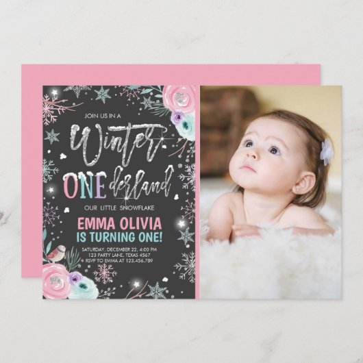 Invitation Hiver ONE derland Pink Silver 1er anniversaire (Devant / Derrière)