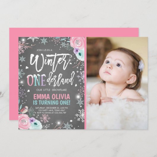 Invitation Hiver ONE derland Pink Silver 1er anniversaire (Devant / Derrière)