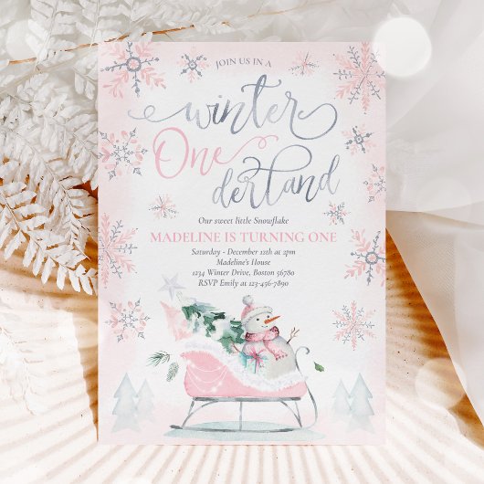 Invitation Hiver ONE derland Pink Winter Sleigh 1er anniversa