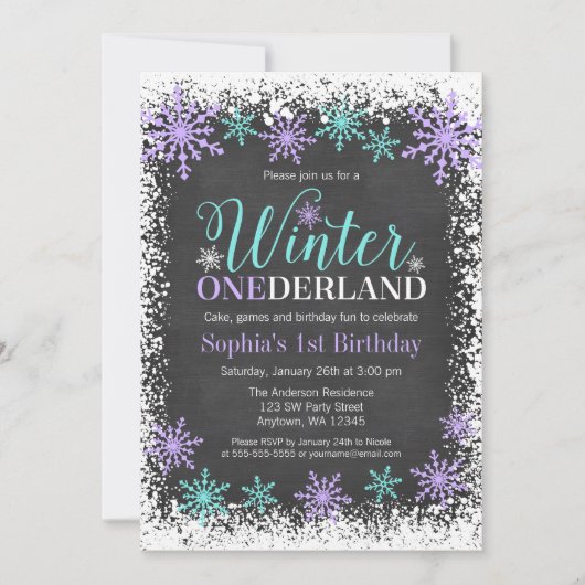 Invitation Hiver ONE derland Purple Chalkboard 1er anniversai (Devant)