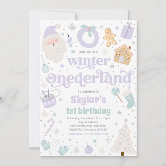 Invitation Hiver ONE derland Purple Noël fête d'anniversaire (Devant)