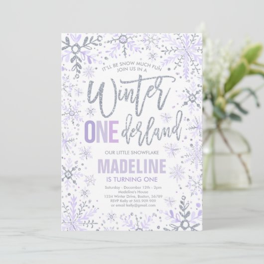 Invitation Hiver ONE derland Purple Silver Flocon de neige en (Debout devant)