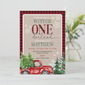 Invitation Hiver ONE derland Red Truck Forest Anniversaire (Debout devant)