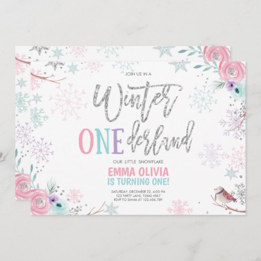 Invitation Hiver ONE derland rose argent fleuri 1er anniversa (Devant / Derrière)