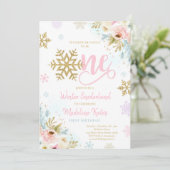 Invitation Hiver ONE derland Rose & Or Floral 1er anniversair (Debout devant)