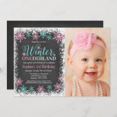 Invitation Hiver ONE derland Turquoise Chalkboard 1er anniver (Devant / Derrière)