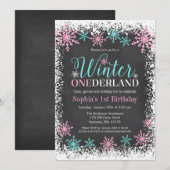 Invitation Hiver ONE derland Turquoise Chalkboard 1er anniver (Devant / Derrière)