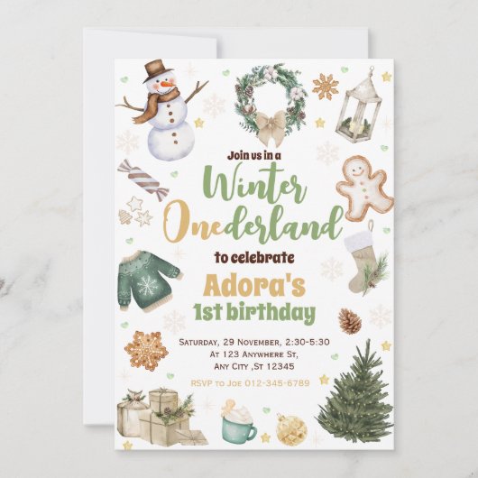Invitation Hiver ONE derland Vert Noël Anniversaire Invitatio (Devant)