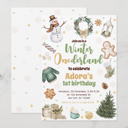 Invitation Hiver ONE derland Vert Noël Anniversaire Invitatio (Devant / Derrière)