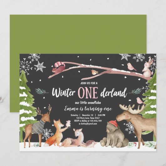 Invitation Hiver ONE derland Woodland Pink Anniversaire (Devant / Derrière)