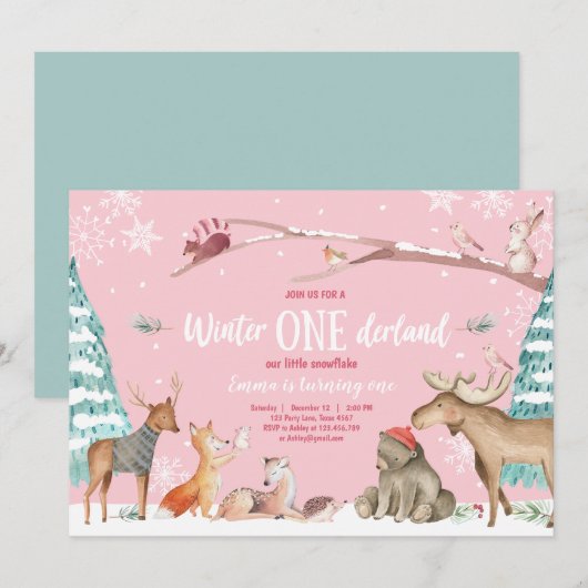 Invitation Hiver ONE derland Woodland Pink Anniversaire (Devant / Derrière)