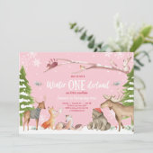 Invitation Hiver ONE derland Woodland Pink Anniversaire (Debout devant)