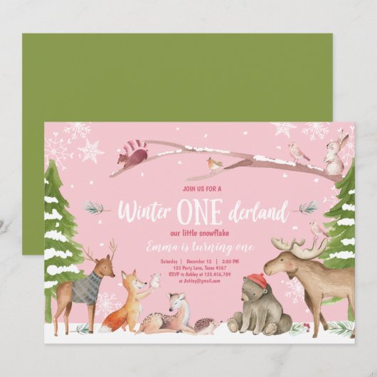 Invitation Hiver ONE derland Woodland Pink Anniversaire (Devant / Derrière)