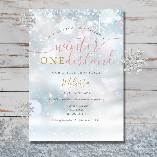 Invitation Hiver Onederland 1er anniversaire rose et or