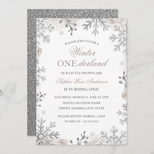 Invitation Hiver Onederland 1er anniversaire Silver Snowflake (Devant / Derrière)