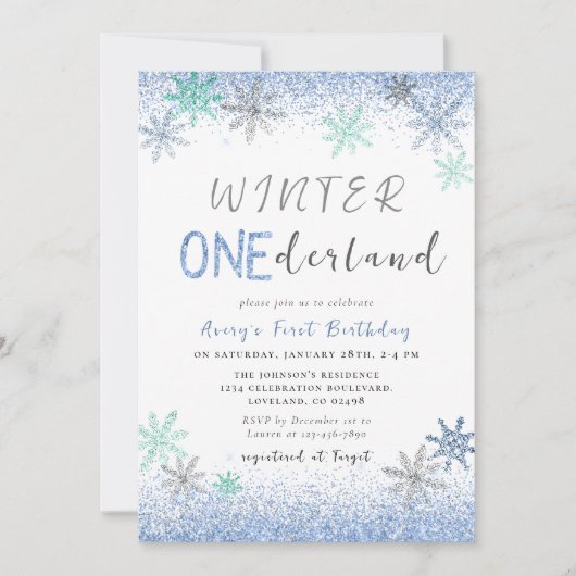 Invitation Hiver Onederland 1er anniversaire Snowflakes Hiver (Devant)