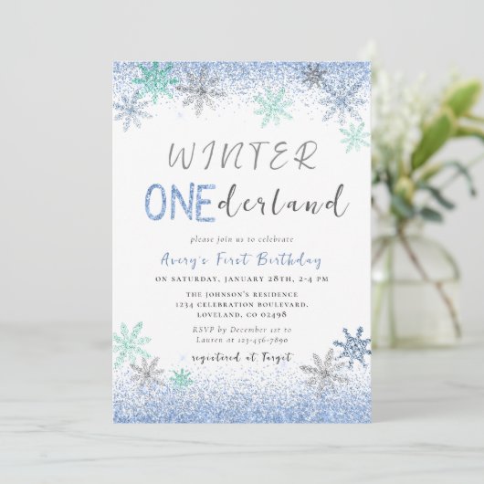 Invitation Hiver Onederland 1er anniversaire Snowflakes Hiver (Debout devant)
