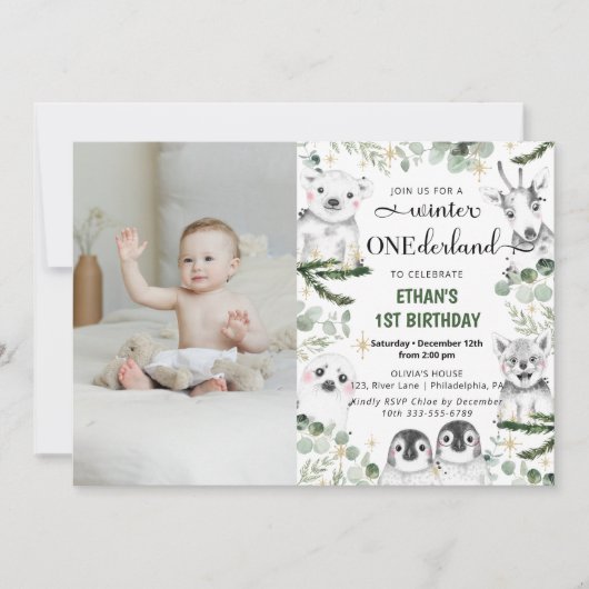 Invitation Hiver Onederland Animaux 1er anniversaire Photo (Devant)