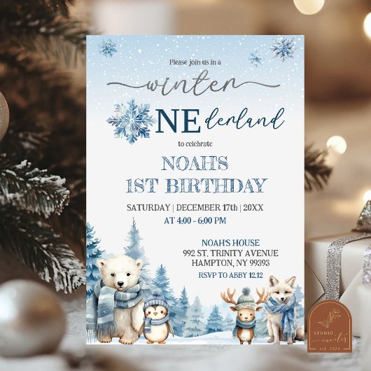 Invitation Hiver Onederland Animaux artistiques Premier anniv