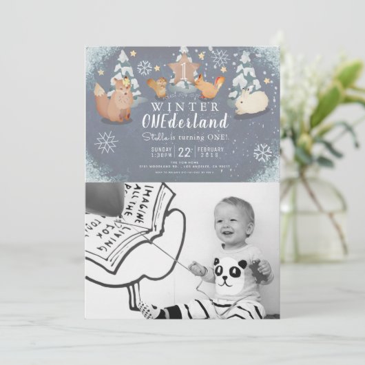 Invitation Hiver Onederland Animaux Photo 1er anniversaire (Debout devant)