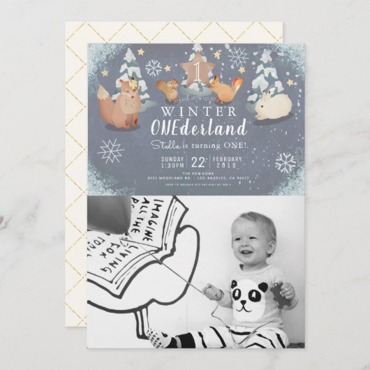Invitation Hiver Onederland Animaux Photo 1er anniversaire (Devant / Derrière)