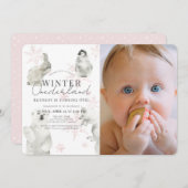 Invitation Hiver Onederland Arctic Animaux Fille 1er annivers (Devant / Derrière)