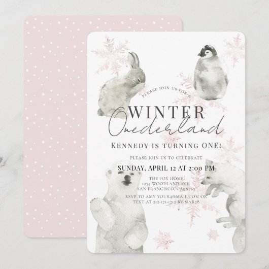 Invitation Hiver Onederland Arctic Animaux Fille 1er annivers (Devant / Derrière)