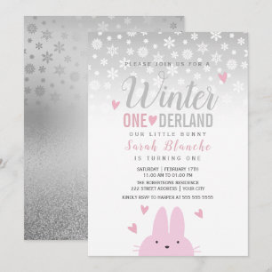 Invitation Hiver Onederland Argent Rose 1er Anniversaire