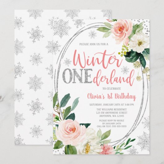 Invitation Hiver ONEderland Argent rose Floral Anniversaire (Devant / Derrière)