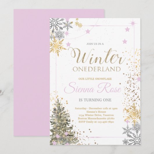 Invitation HIVER ONEderland Argent rose & Or 1er anniversaire (Devant / Derrière)