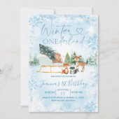 Invitation Hiver Onederland Bleu Flocon de neige Animal Anniv (Devant)