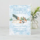 Invitation Hiver Onederland Bleu Flocon de neige Animal Anniv (Debout devant)