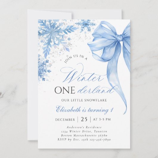 Invitation Hiver Onederland Blue Bow Snowflake Anniversaire (Devant)