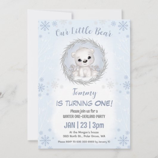 Invitation Hiver Onederland Blue Polar Bear Garçon 1er annive (Devant)