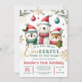 Invitation Hiver Onederland Boho Neige Animaux 1er Anniversai (Devant)