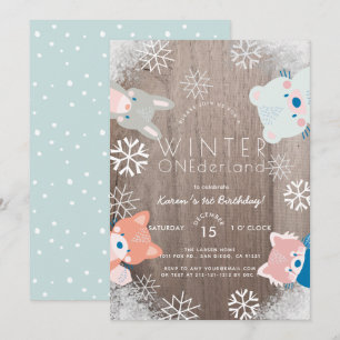 Invitation Hiver Onederland Bois Animaux Bleus Anniversaire