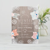 Invitation Hiver Onederland Bois Animaux Rose Anniversaire (Debout devant)