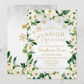 Invitation Hiver Onederland Fleurs Blanches flocons de neige (Devant / Derrière)