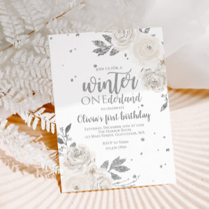 Invitation Hiver Onederland Fleurs Pailletées Argentées