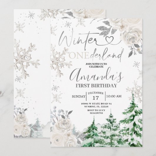 Invitation Hiver Onederland Flocon de neige blanc Floral Anni (Devant / Derrière)