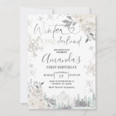 Invitation Hiver Onederland Flocon de neige blanc Floral Anni (Devant)