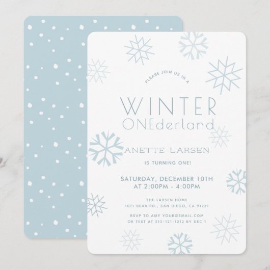 Invitation Hiver Onederland Flocon de neige Bleu 1er annivers (Devant / Derrière)